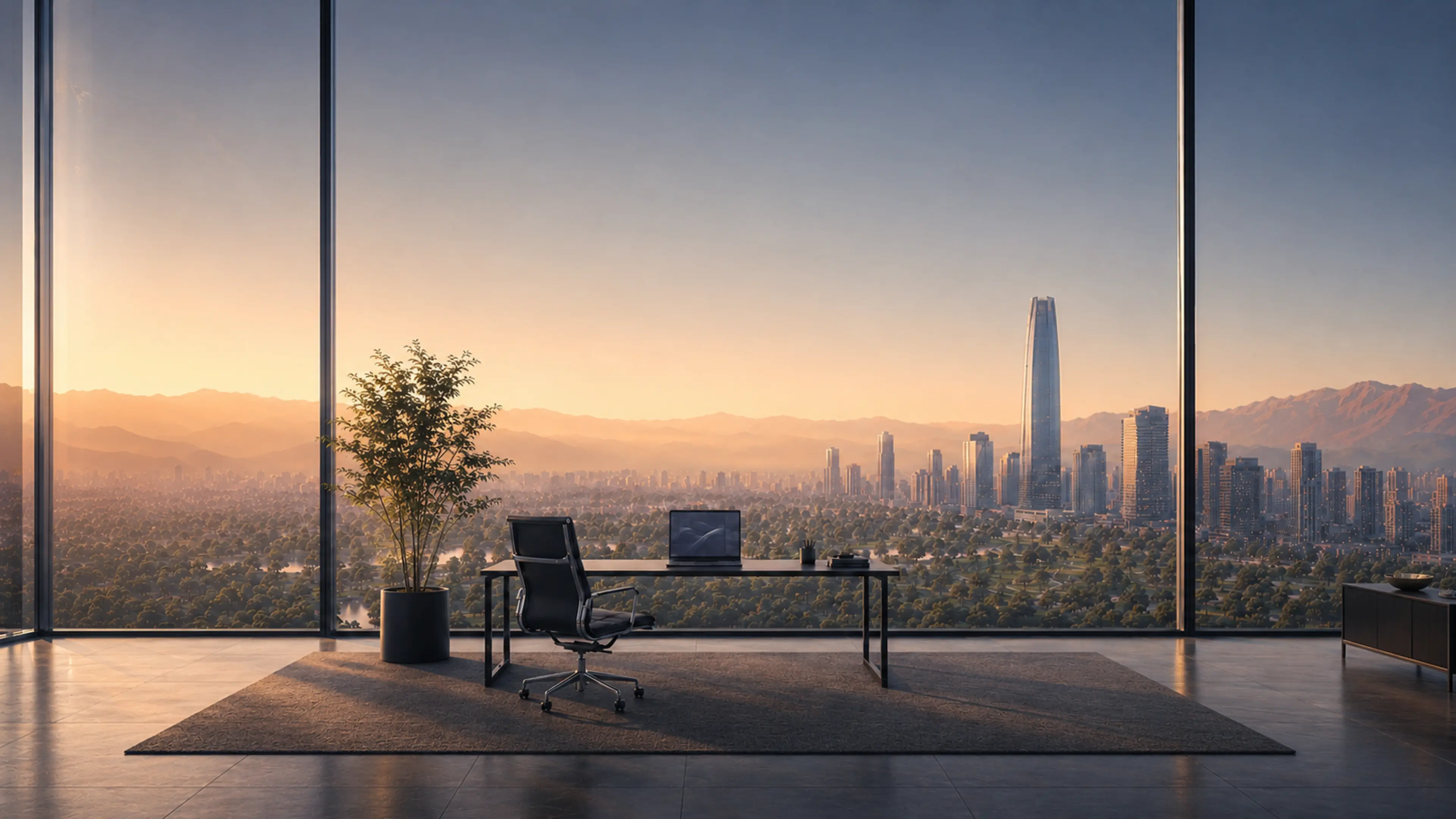 Executive workspace overlooking Sanhattan and the Andes in Santiago
